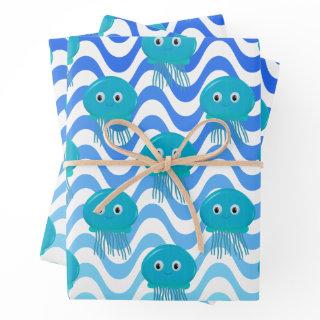 Gradient Blue Waves And Jellyfish Pattern  Sheets