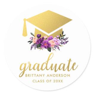 Graduate Gold Purple Watercolor Floral Classic Round Sticker