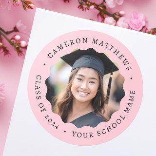 Graduate photo pink wavy border graduation classic round sticker