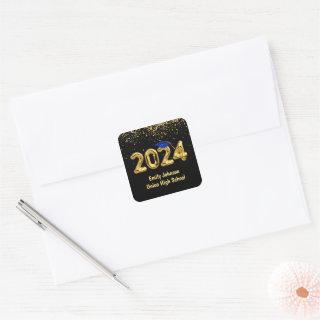Graduation 2024 Gold Balloons and Blue Cap Square Sticker