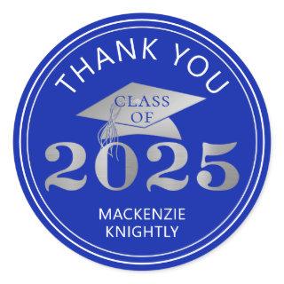 Graduation 2025 Thank You Royal Faux Silver Foil Classic Round Sticker