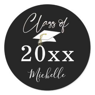 Graduation Black White Script Class Year Name Classic Round Sticker