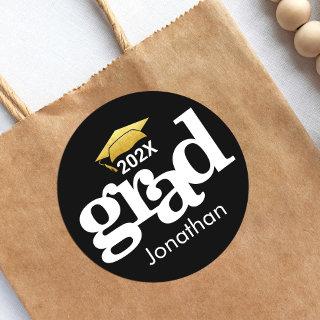 Graduation Bold Modern Typography Black Gold Foil Classic Round Sticker