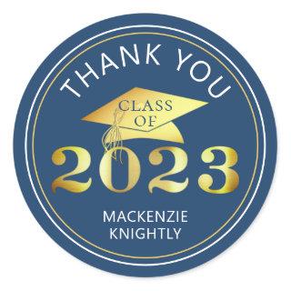 Graduation Class Year Blue Gold Foil Thank You Classic Round Sticker