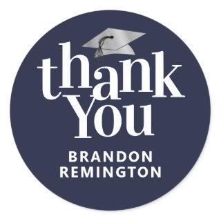 Graduation Silver Mortarboard THANK YOU Navy Blue Classic Round Sticker