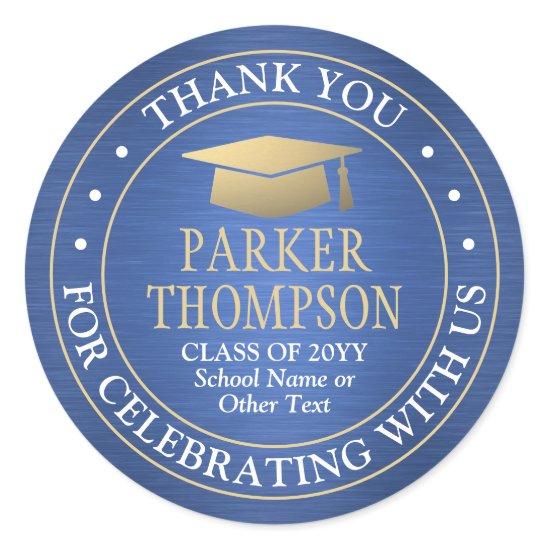 Graduation Thank You Brushed Blue Gold and White Classic Round Sticker