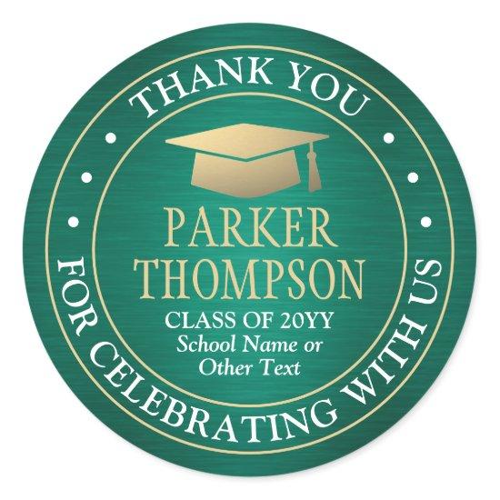 Graduation Thank You Brushed Green Gold and White Classic Round Sticker