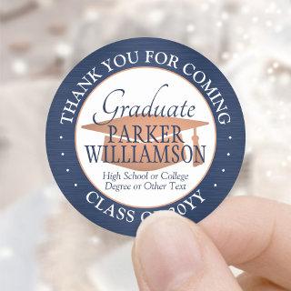 Graduation Thank You Brushed Navy White and Copper Classic Round Sticker