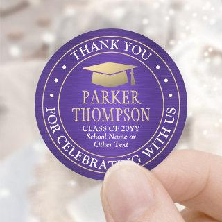 Graduation Thank You Brushed Purple Gold and White Classic Round Sticker
