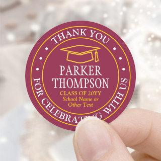 Graduation Thank You Modern Maroon Red Gold Yellow Classic Round Sticker