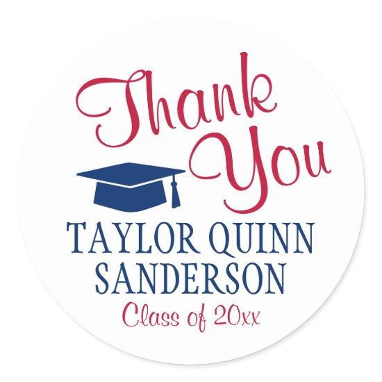 Graduation Thank You Script Red White and Blue Classic Round Sticker
