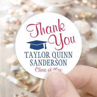 Graduation Thank You Script Red White and Blue Classic Round Sticker