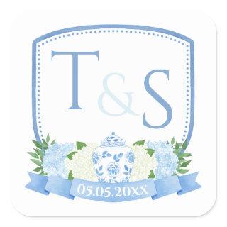 Grandmillenial Blue And White Wedding Crest Square Sticker