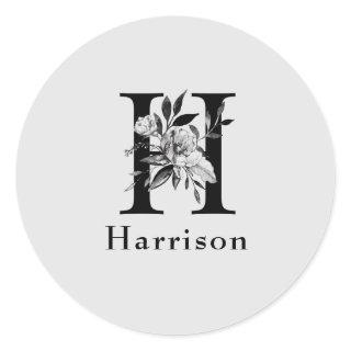 Gray and Black  Floral Monogram Letter H Custom Classic Round Sticker