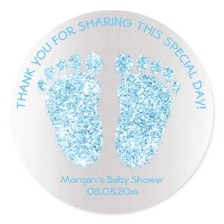 Gray Blue Boy Glitter Feet Baby Shower Favor Thank Classic Round Sticker