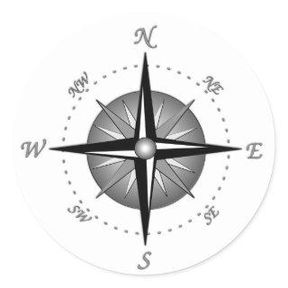 Gray Compass Rose Classic Round Sticker