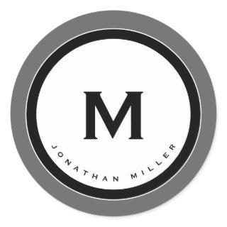 Gray Monogram Medallion with Initial & Name Classic Round Sticker