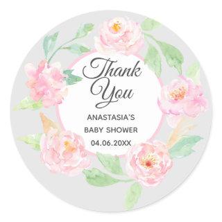 Gray & Pink Floral Wreath Thank You Baby Shower Classic Round Sticker