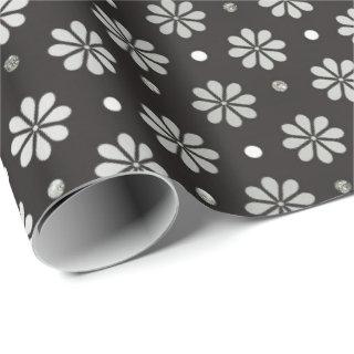 Gray Silver Black Foil  Floral Daisy  Dots