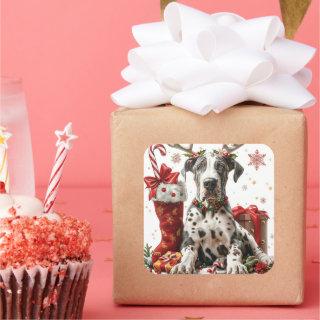 Great Dane with Reindeer Antlers and Stocking Square Sticker