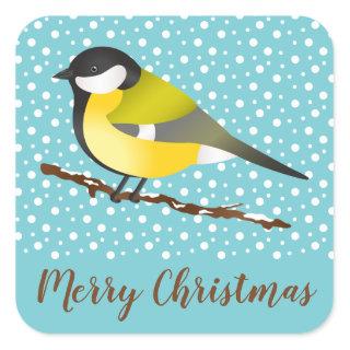Great Tit Bird Snowing Blue Winter Merry Christmas Square Sticker