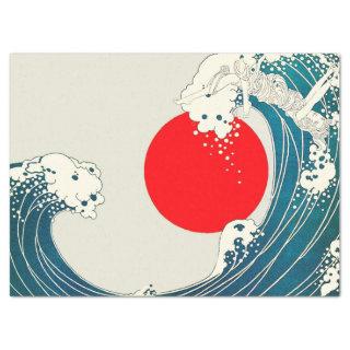 GREAT WAVE AND RED SUN Blue White Nautical Tissue Paper