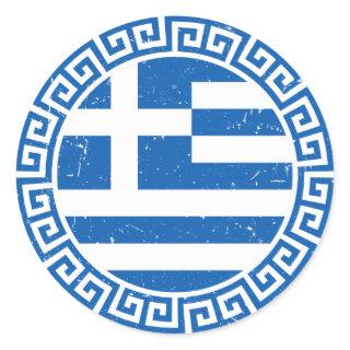 Greece Flag With Greek Key Pattern Distressed Classic Round Sticker