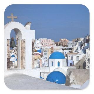 Greece, Santorini. Bell tower and blue domes of 2 Square Sticker