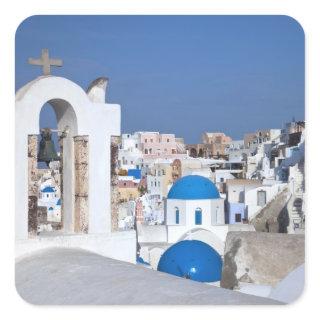 Greece, Santorini. Bell tower and blue domes of 2 Square Sticker