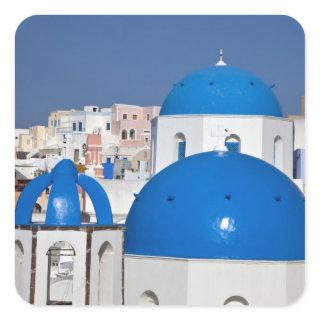 Greece, Santorini. Bell tower and blue domes of Square Sticker