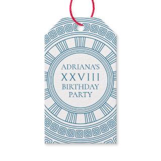 Greek themed party favors with blue patterns gift tags