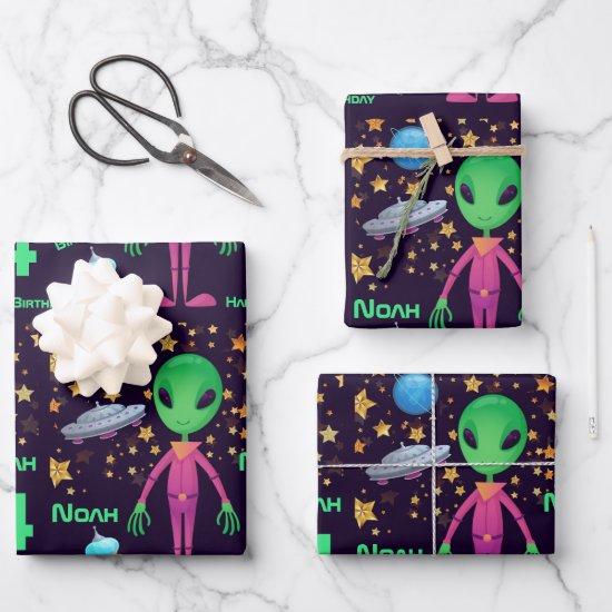 Green Alien UFO Add Name Age Happy Birthday  Sheets