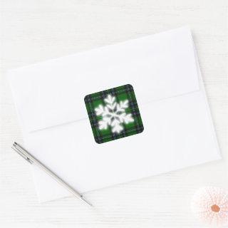 Green and Black Plaid with snow flake detail Square Sticker