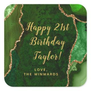 Green and Gold Agate Happy Birthday Square Sticker