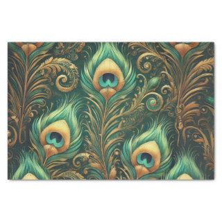 Green and Gold Peacock Feathers Decoupage Paper