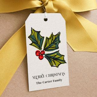 Green and Red Watercolor Holly Berry Leaves Sketch Gift Tags