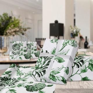 Green And White Vintage Botanical Floral Toile