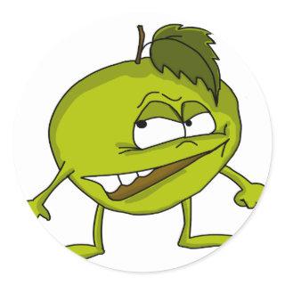 Green apple cartoon character with a vicious smile classic round sticker