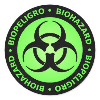 Green Bilingual Biohazard Warning Classic Round Sticker