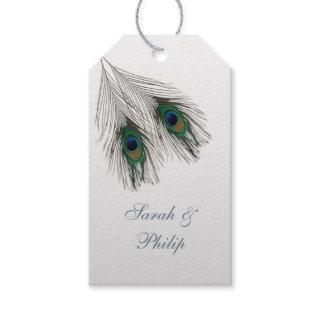 Green blue peacock feathers Wedding Thank You Gift Tags