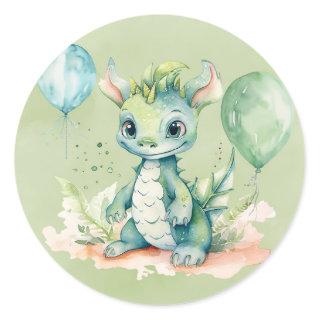 Green Blue Watercolor Dragon Boy Baby Shower Classic Round Sticker