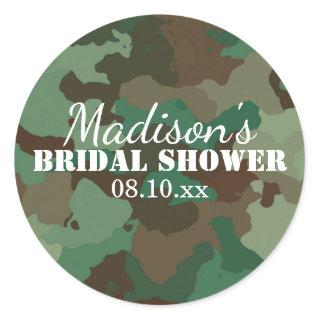 Green Camouflage Personalized Bridal Shower Classic Round Sticker
