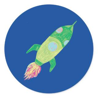 Green Childish Space Rocket Classic Round Sticker
