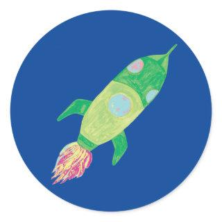 Green Childish Space Rocket Classic Round Sticker