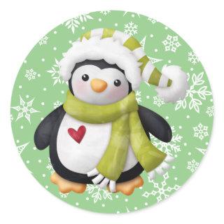 Green Christmas Penguin Round Sticker