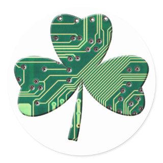 Green Circuit Board St Patrick Day Shamrock  Classic Round Sticker