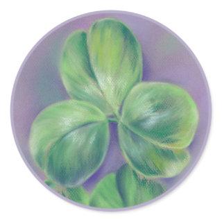 Green Clover Shamrocks on Purple Pastel Art Classic Round Sticker