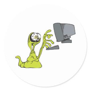 green computer typing alien monster blob classic round sticker