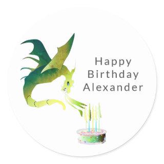 Green dagon birthday candles pink cake custom classic round sticker