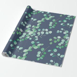 Green Eucalyptus Watercolor Leaves on Navy Blue